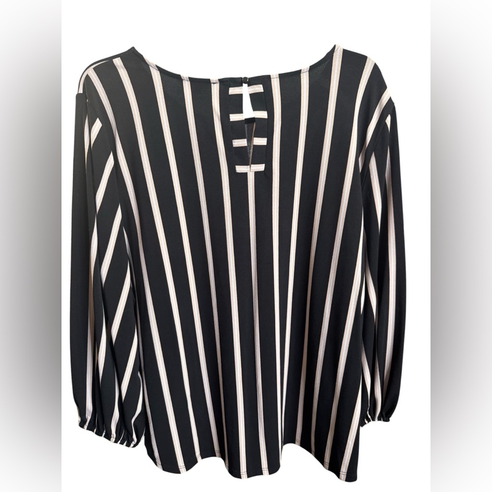 Adrianna Papell Black and White Striped Long-Sleeve Blouse - Picture 5 of 7